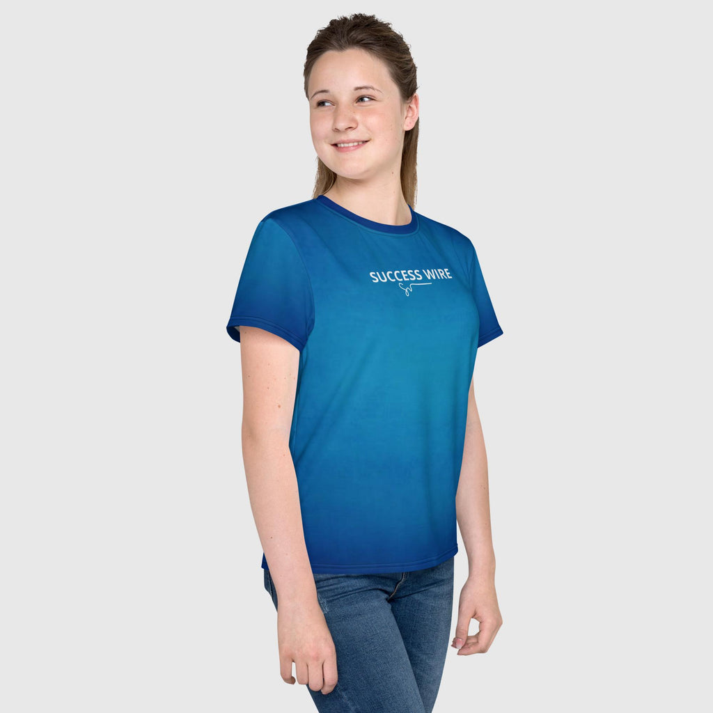 SUCCESS WIRE Unisex Blue Glow Crew Neck T-Shirt for Big Kids (8-20) w/White Logo