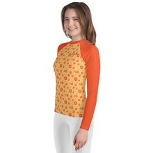 Load image into Gallery viewer, SUCCESS WIRE Power Flower Chardonnay Orange Rash Guard for Big Girls (8-20)
