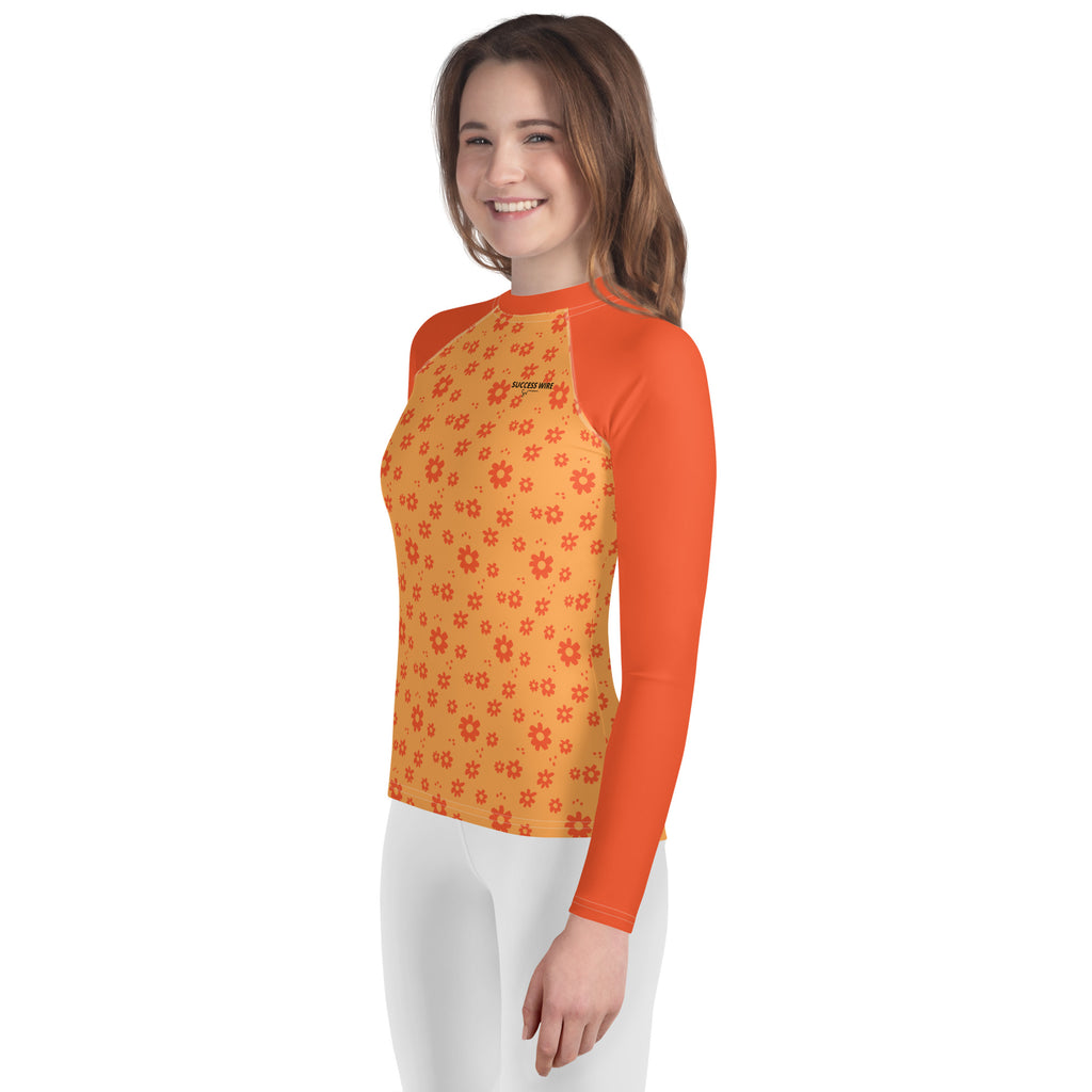 SUCCESS WIRE Power Flower Orange Rose Rash Guard for Big Girls (8-20)