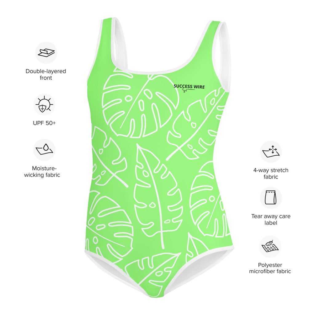 SUCCESS WIRE Lime Breeze Swimsuit for Big Girls with White Tropical Leaves (8-20)