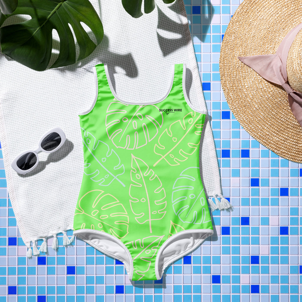 SUCCESS WIRE Lime Breeze Swimsuit for Big Girls with Pastel Tropical Leaves (8-20)