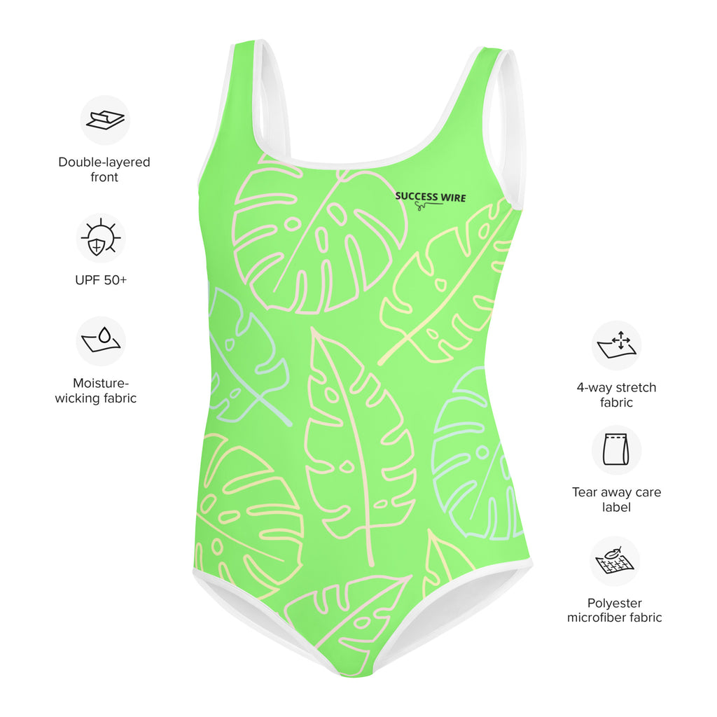 SUCCESS WIRE Lime Breeze Swimsuit for Big Girls with Pastel Tropical Leaves (8-20)