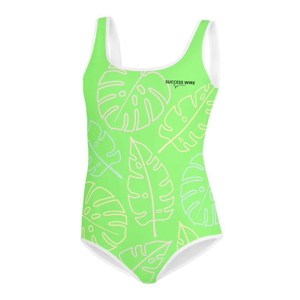 SUCCESS WIRE Lime Breeze Swimsuit for Big Girls with Pastel Tropical Leaves (8-20)