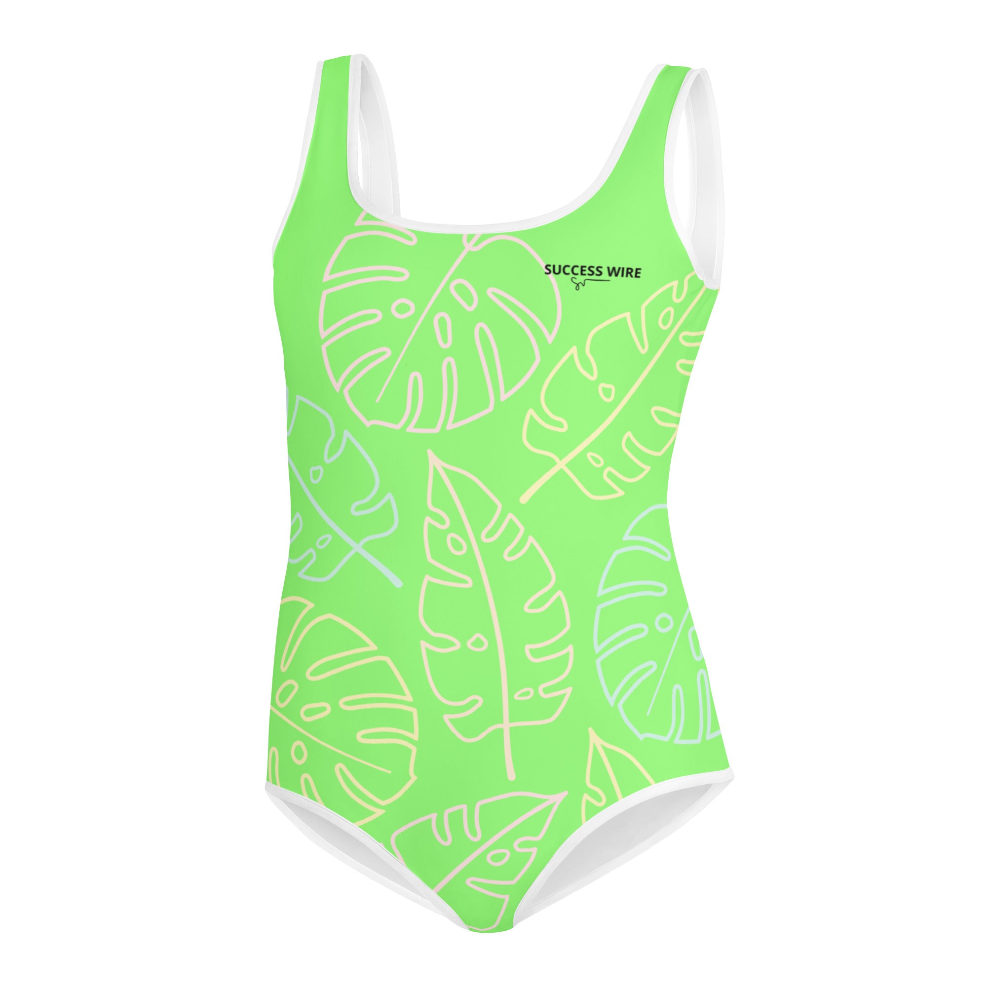 SUCCESS WIRE Lime Breeze Swimsuit for Big Girls with Pastel Tropical Leaves (8-20)