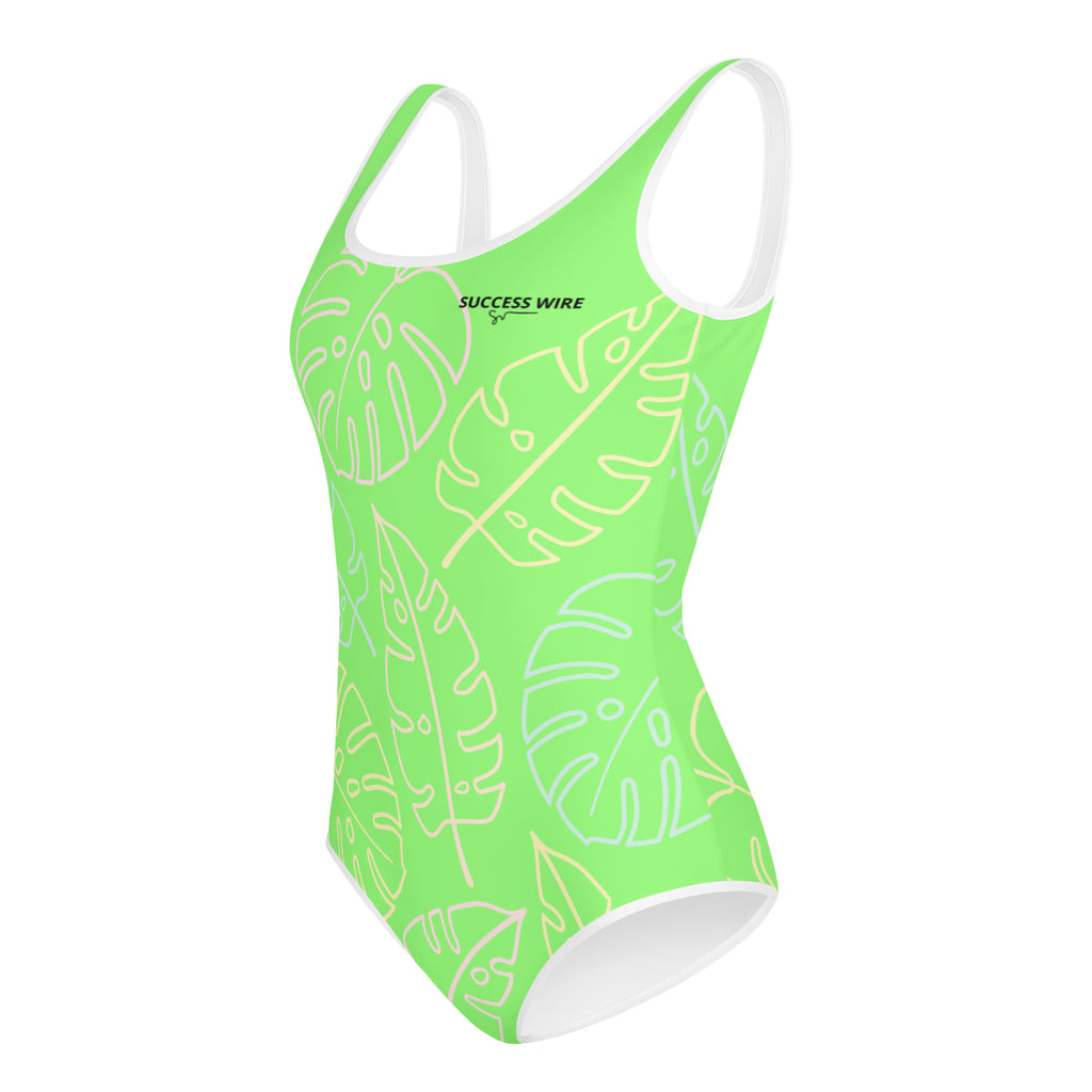 SUCCESS WIRE Lime Breeze Swimsuit for Big Girls with Pastel Tropical Leaves (8-20)