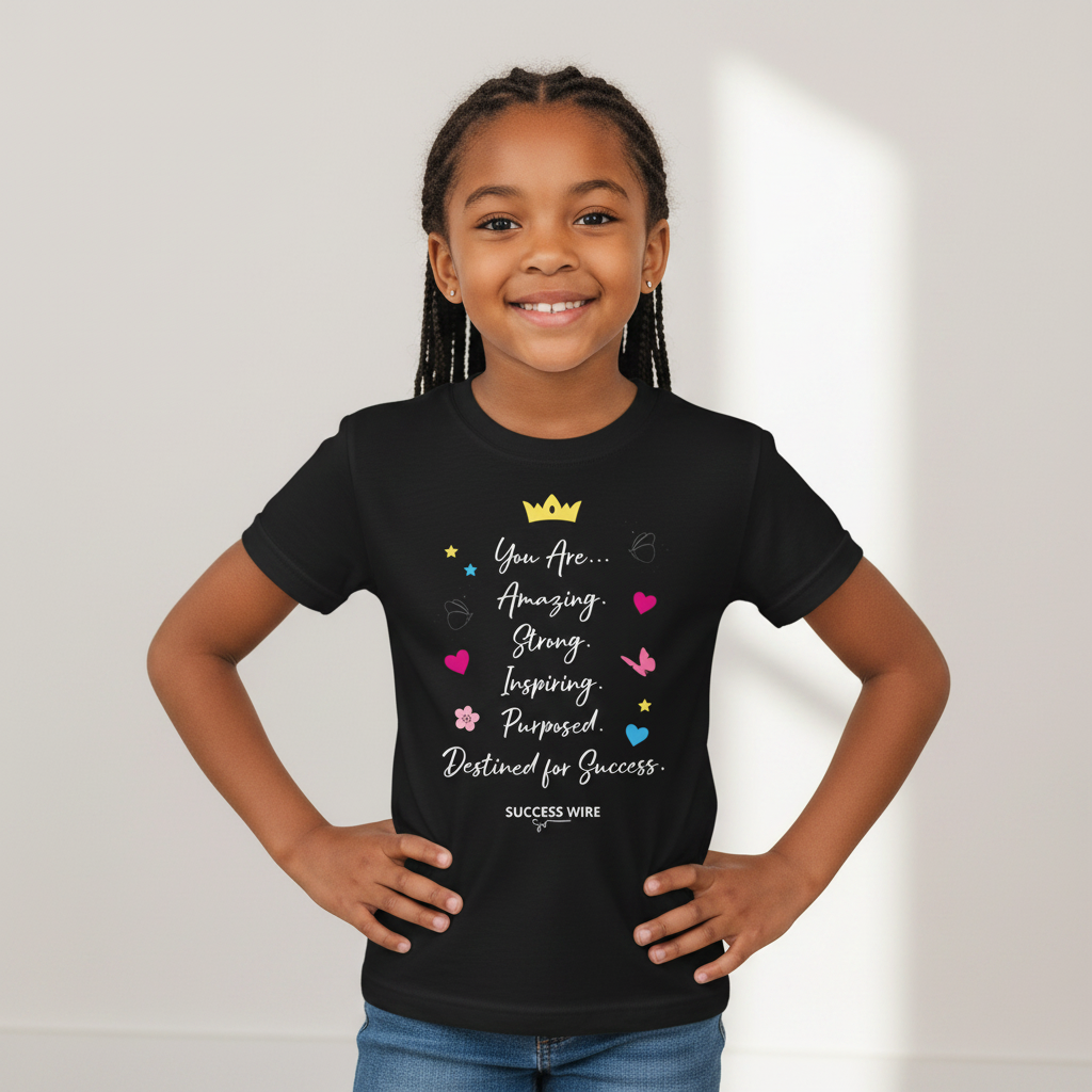 young girl wearing black SUCCESS WIRE Empowerment t-shirt
