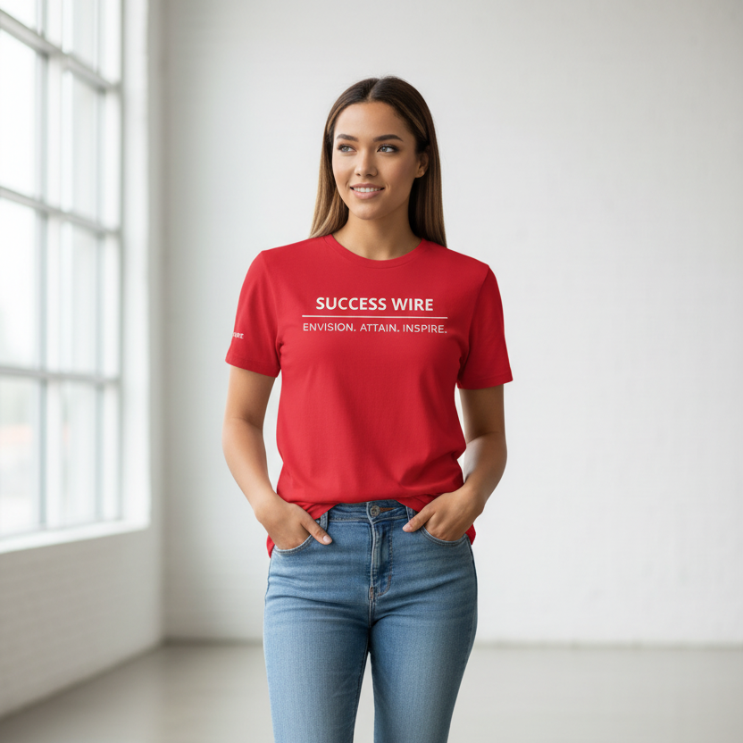 Woman wearing a red SUCCESS WIRE t-shirt with text in a minimalistic room.