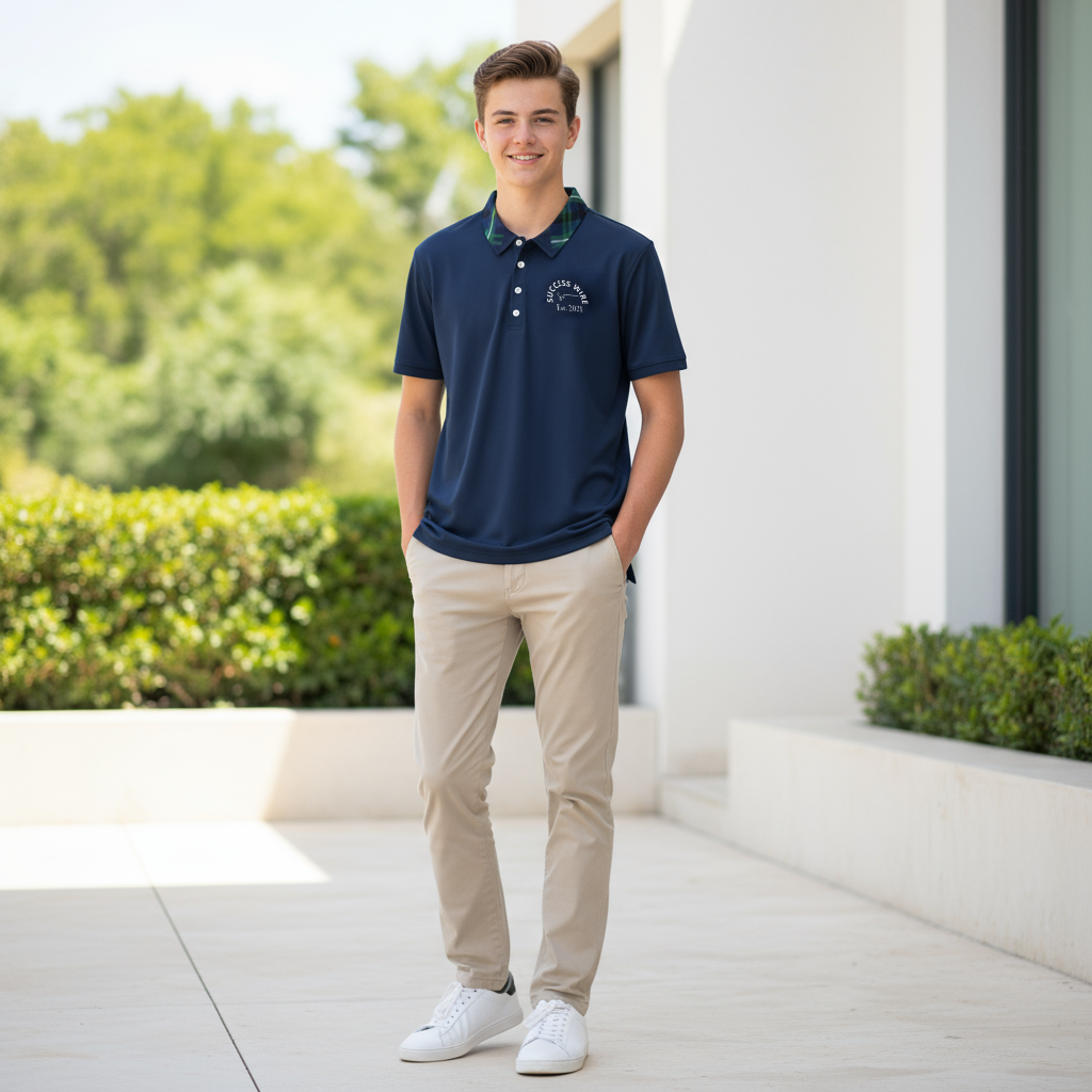 SUCCESS WIRE Elite Plaid Emblem Polo Shirt for Men