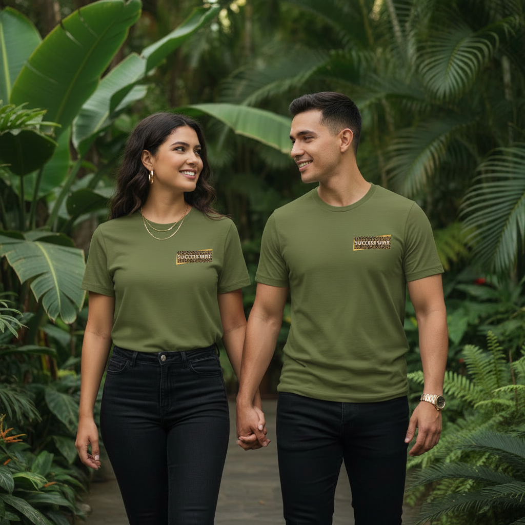 Two people wearing green shirts with SUCCESS WIRE logo, walking through a lush green forest.
