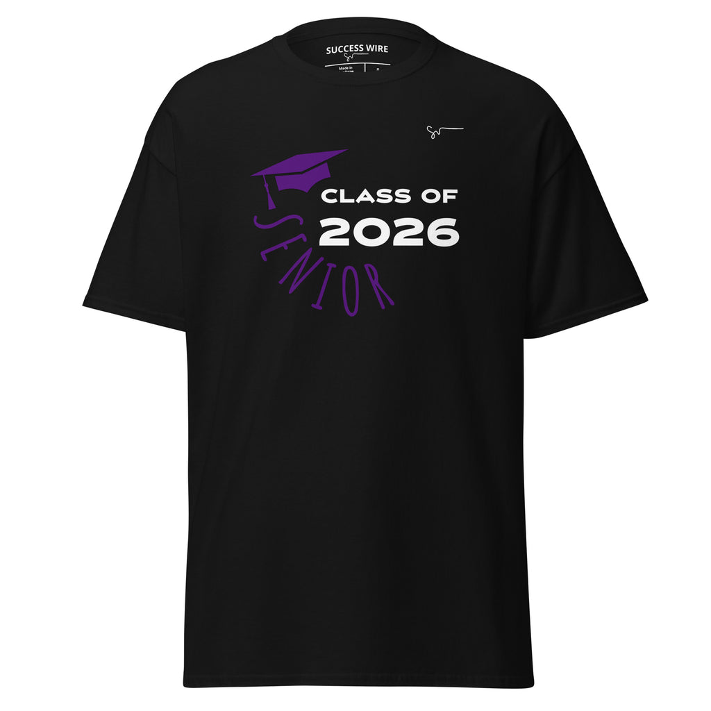 Black  SUCCESS WIRE t-shirt with 'Class of 2026 Senior' text and graduation cap graphic on a white background