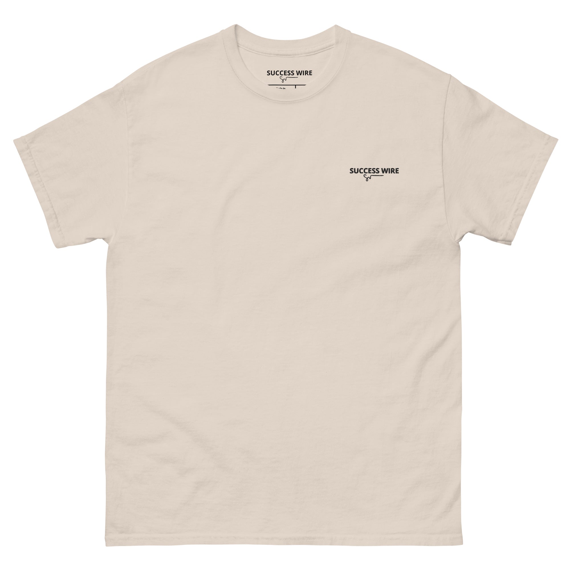 SUCCESS WIRE Natural color t-shirt with SUCCESS WIRE Logo on a white background