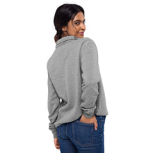 Load image into Gallery viewer, Woman wearing a SUCCESS WIRE gray quarter zip pullover and blue jeans on a white background
