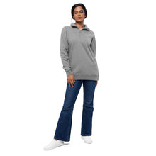 Load image into Gallery viewer, Woman wearing a SUCCESS WIRE Carbon gray quarter zip pullover and blue jeans on a white background
