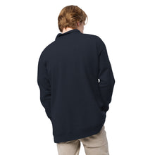 Load image into Gallery viewer, Person wearing a navy blue quarter zip pullover on a white background
