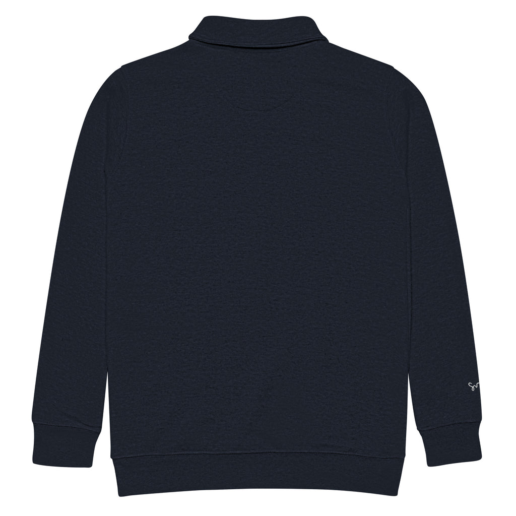 Back of SUCCESS WIRE Navy blue quarter zip pullover on a white background