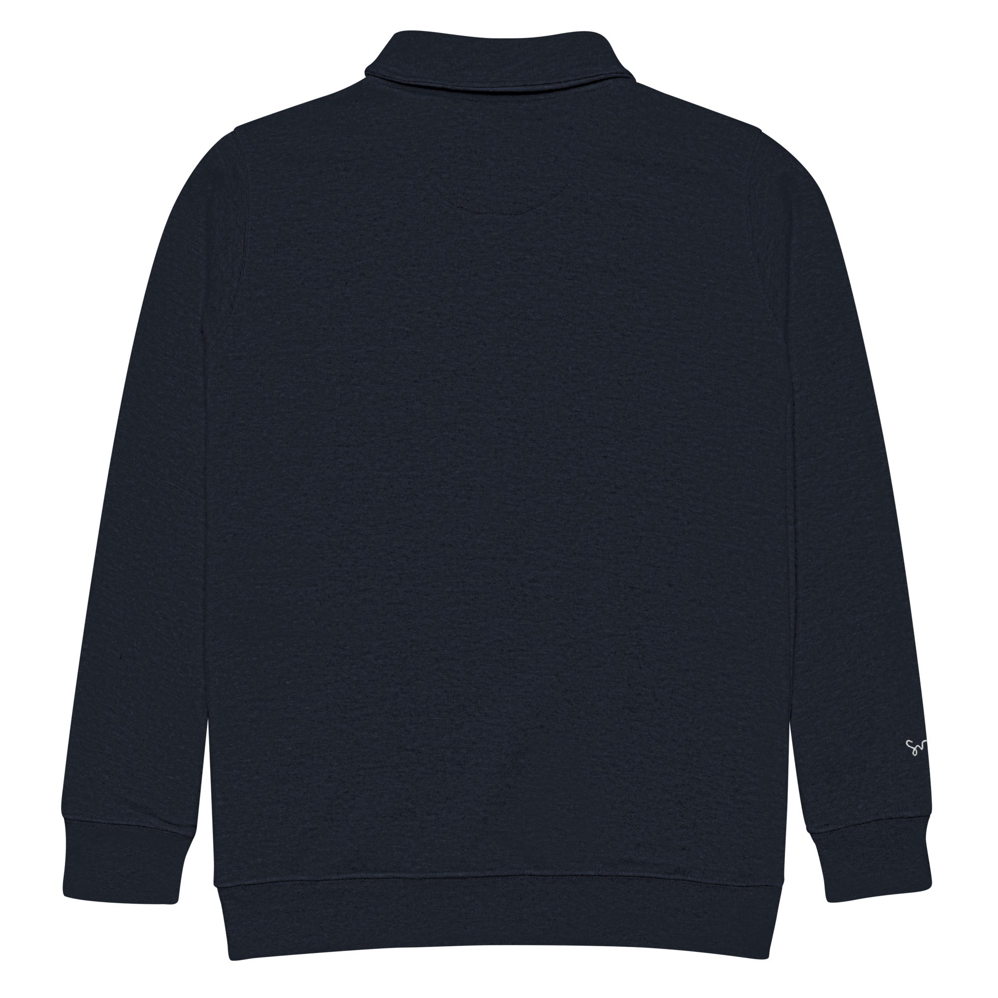 Back of SUCCESS WIRE Navy blue quarter zip pullover on a white background