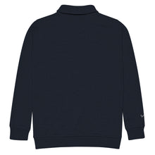 Load image into Gallery viewer, Back of SUCCESS WIRE Navy blue quarter zip pullover on a white background
