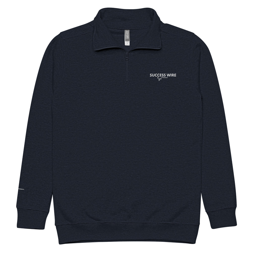 SUCCESS WIRE Navy blue quarter zip pullover with SUCCESS WIRE logo on a white background