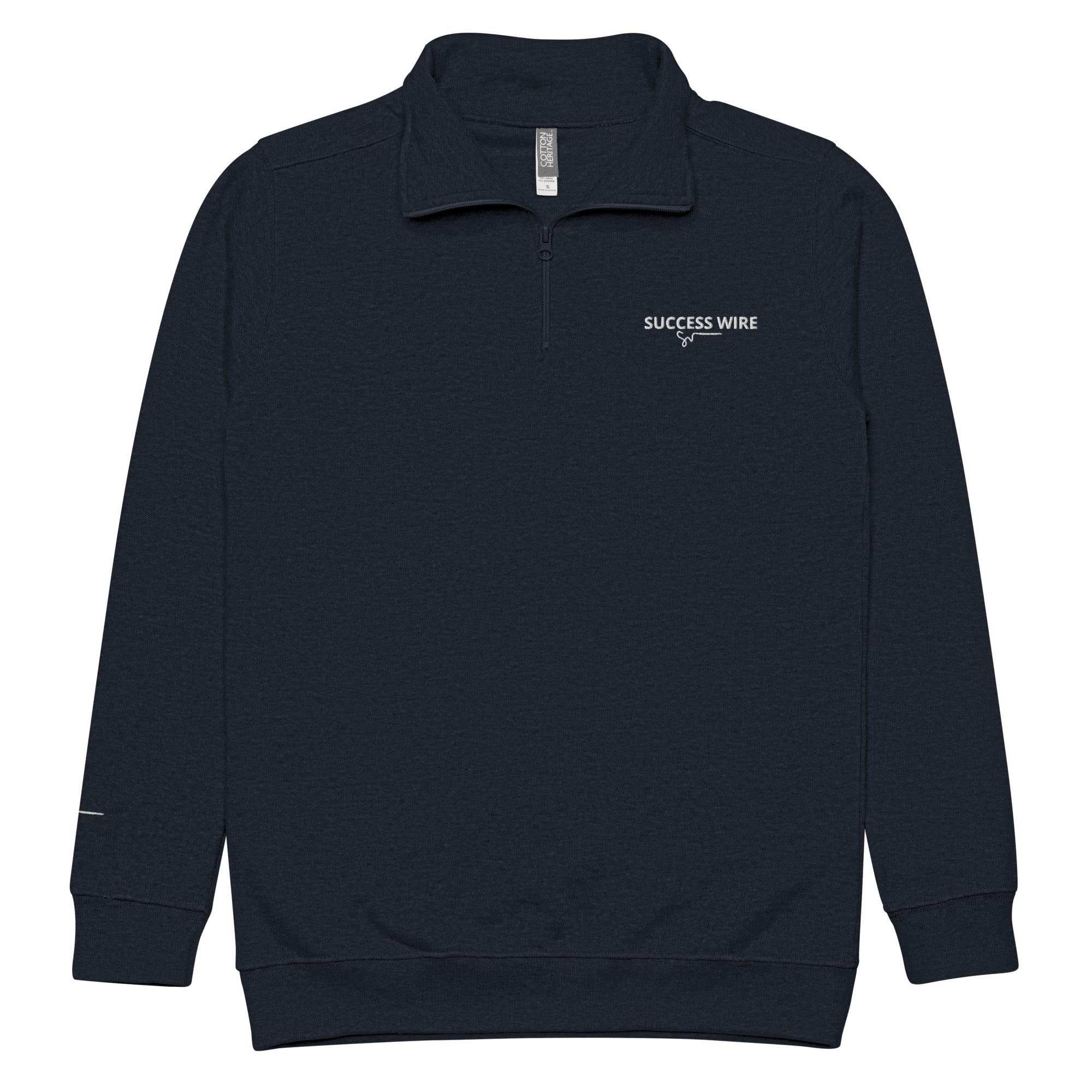 SUCCESS WIRE Navy blue quarter zip pullover with SUCCESS WIRE logo on a white background