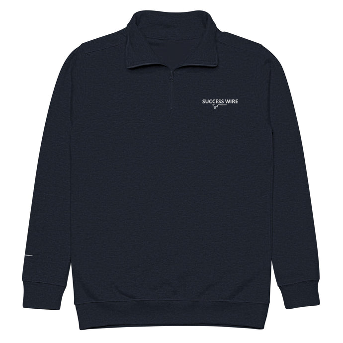 SUCCESS WIRE Navy blue quarter zip pullover with SUCCESS WIRE logo on a white background
