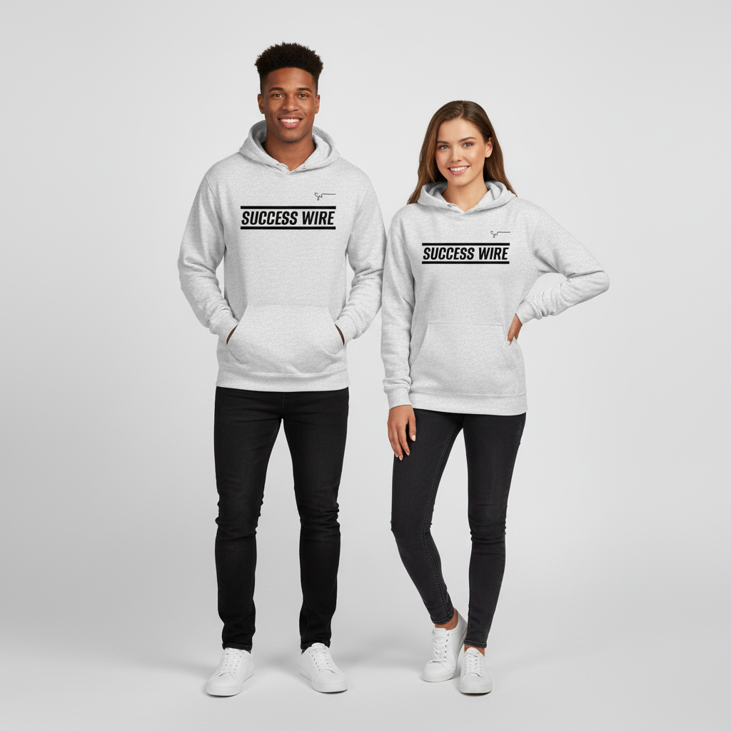 Two people wearing gray 'SUCCESS WIRE' hoodies on a white background