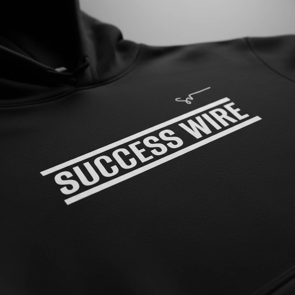 Close up SUCCESS WIRE Black hoodie with 'SUCCESS WIRE' Logo on a plain background
