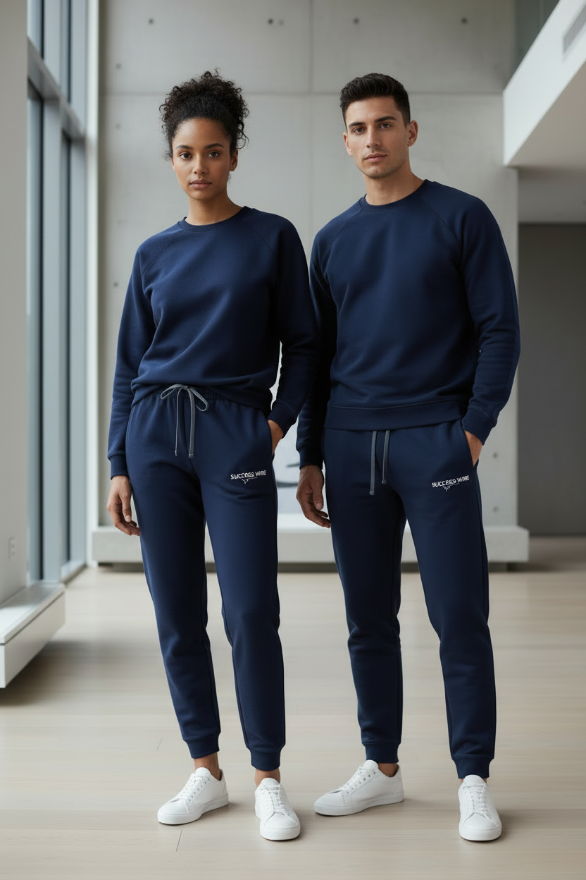 Two people wearing matching navy blue SUCCESS WIRE JOGGERS  in a modern indoor setting.