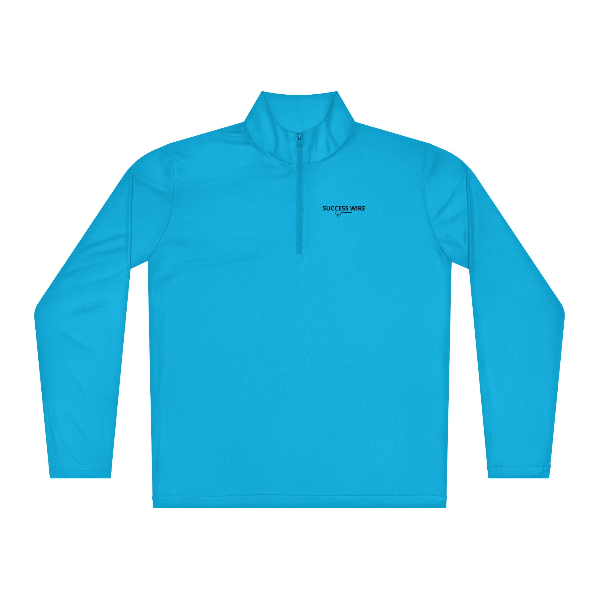 SUCCESS WIRE 'Atomic blue' quarter zip pullover with SUCCESS WIRE logo on a white background
