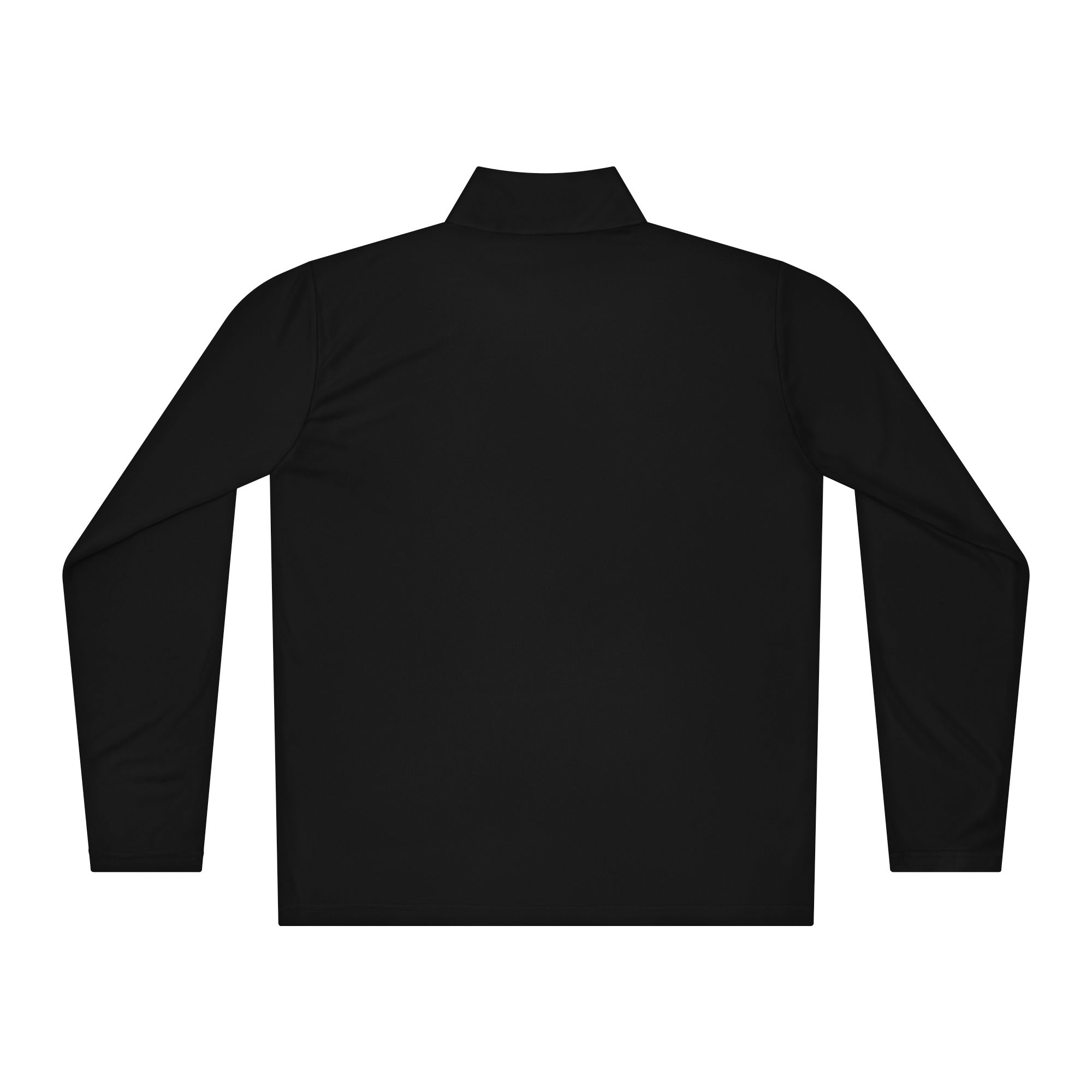 Back of SUCCESS WIRE Black quarter zip pullover on a white background