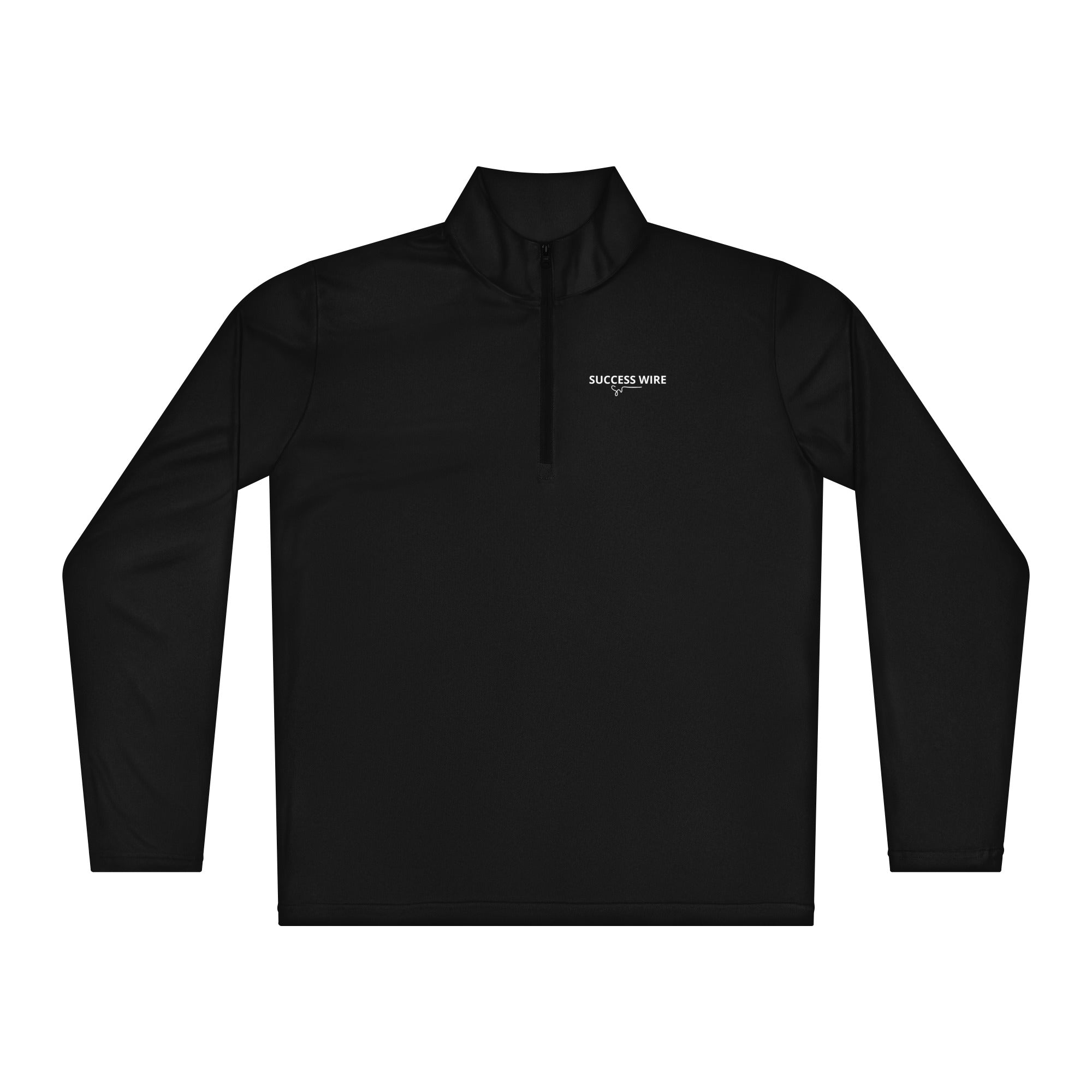 SUCCESS WIRE Black quarter zip pullover with SUCCESS WIRE logo on a white background