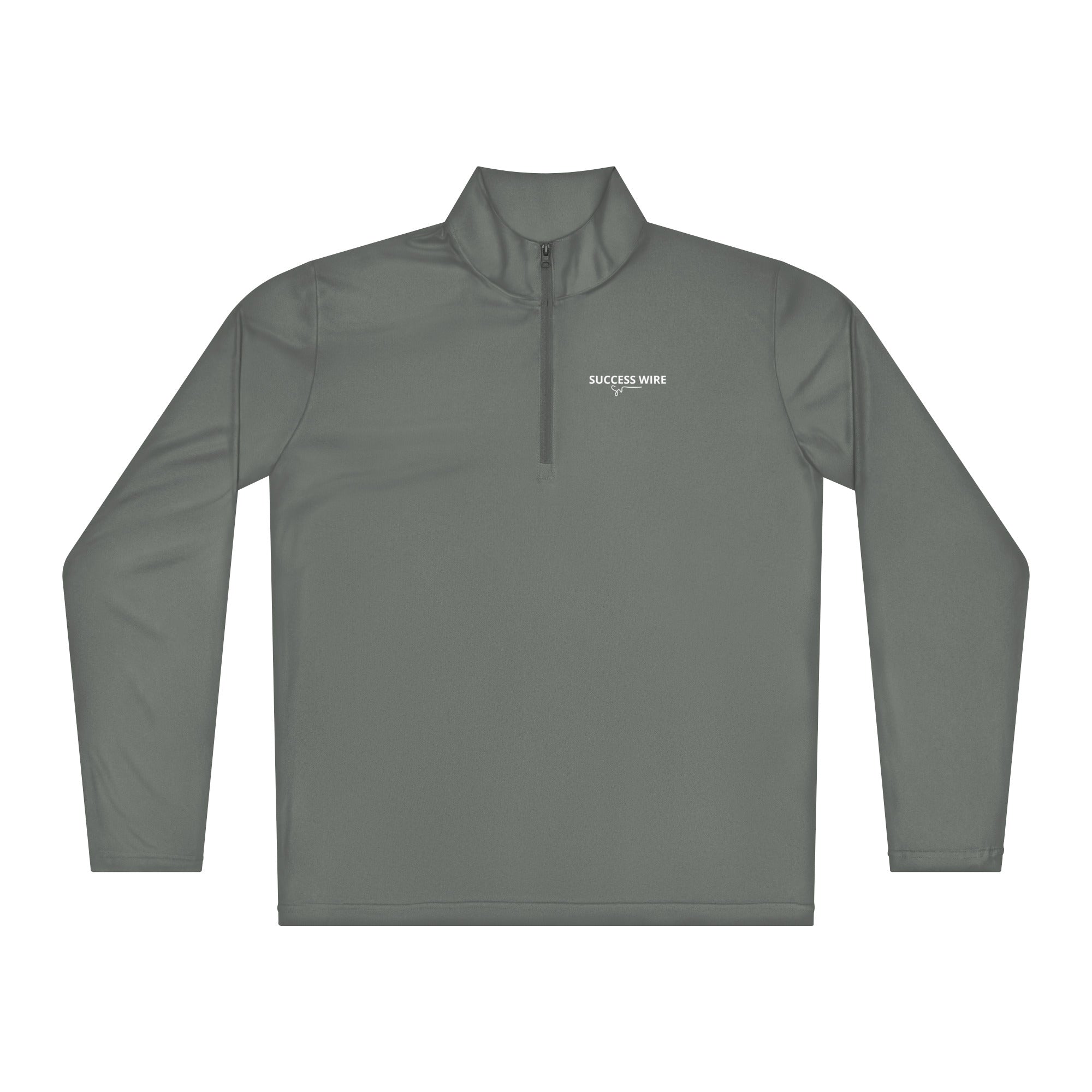 SUCCESS WIRE Gray concrete quarter zip pullover with SUCCESS WIRE Logo on a white background