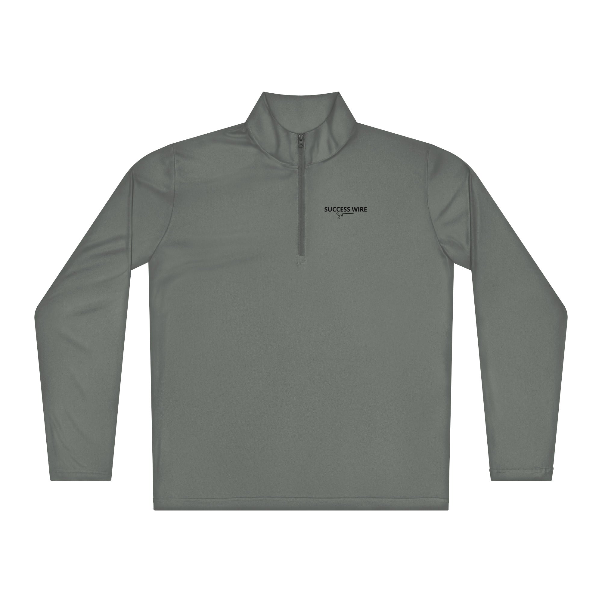 SUCCESS WIRE Grey concrete quarter zip pullover with SUCCESS WIRE logo on a white background