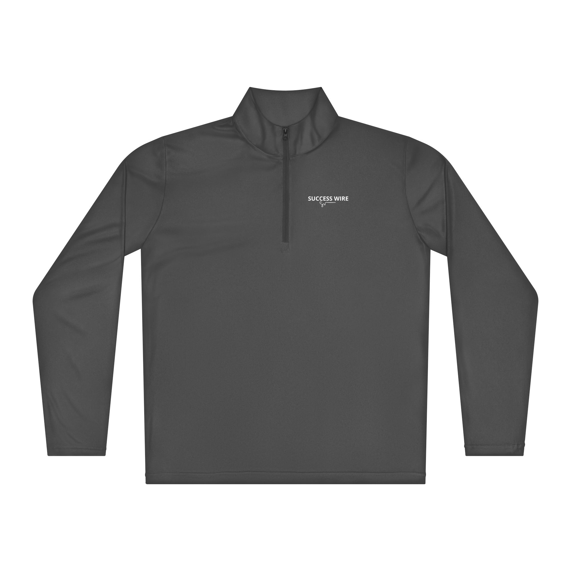 SUCCESS WIRE iron gray quarter zip pullover with SUCCESS WIRE logo on a white background