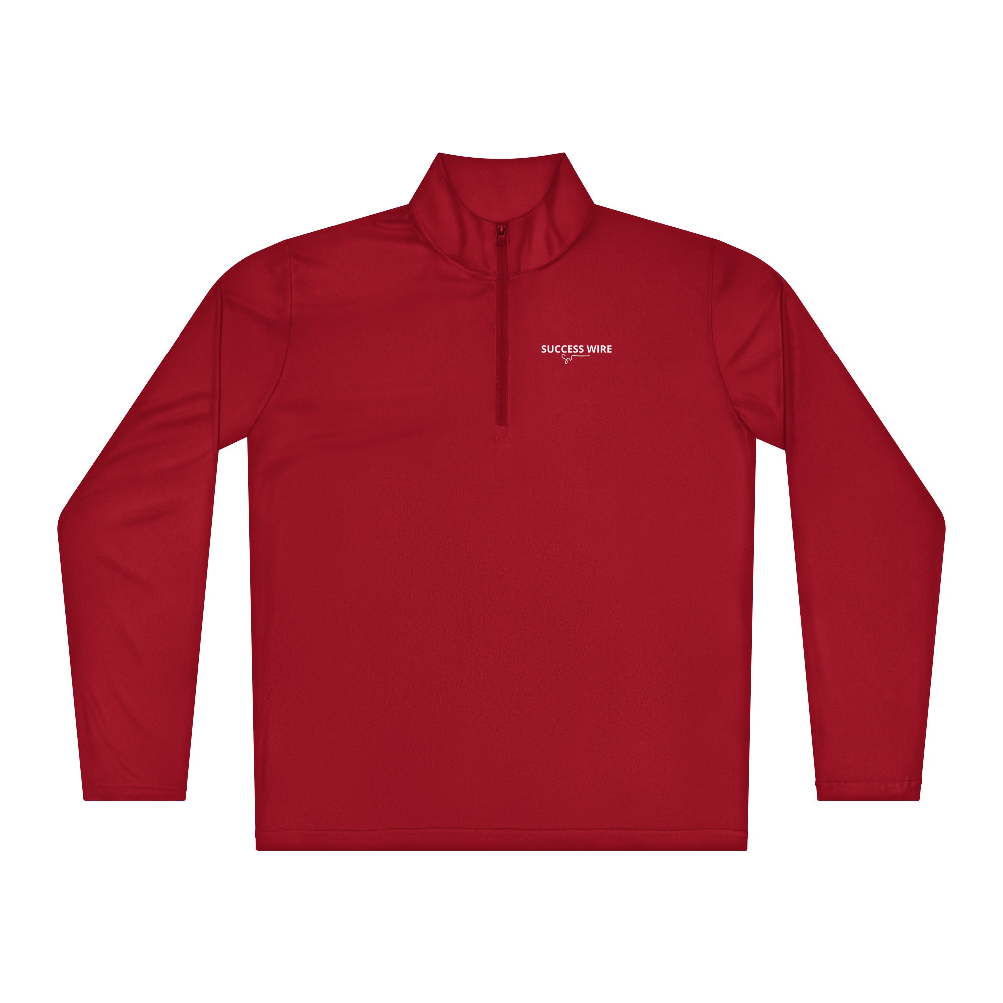 SUCCESS WIRE Red quarter zip pullover with SUCCESS WIRE logo on a white background