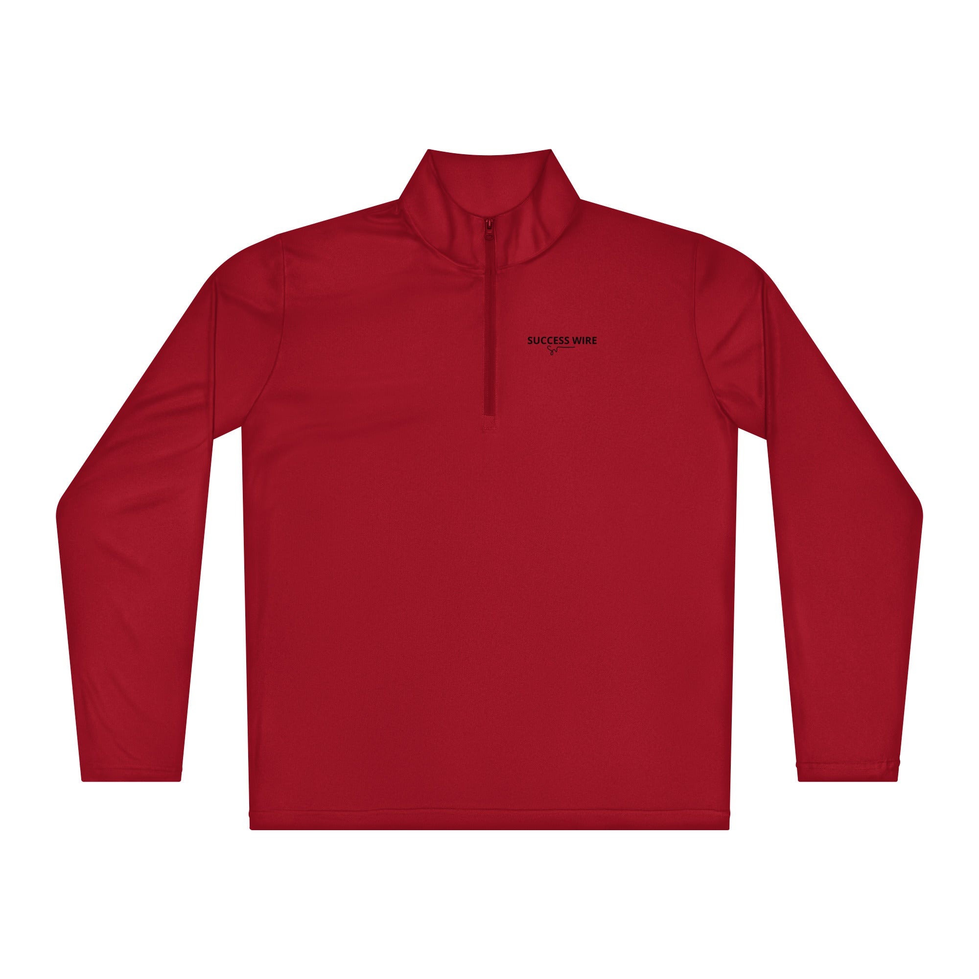 Red SUCCESS WIRE Red quarter zip pullover with SUCCESS WIRE logo on a white background