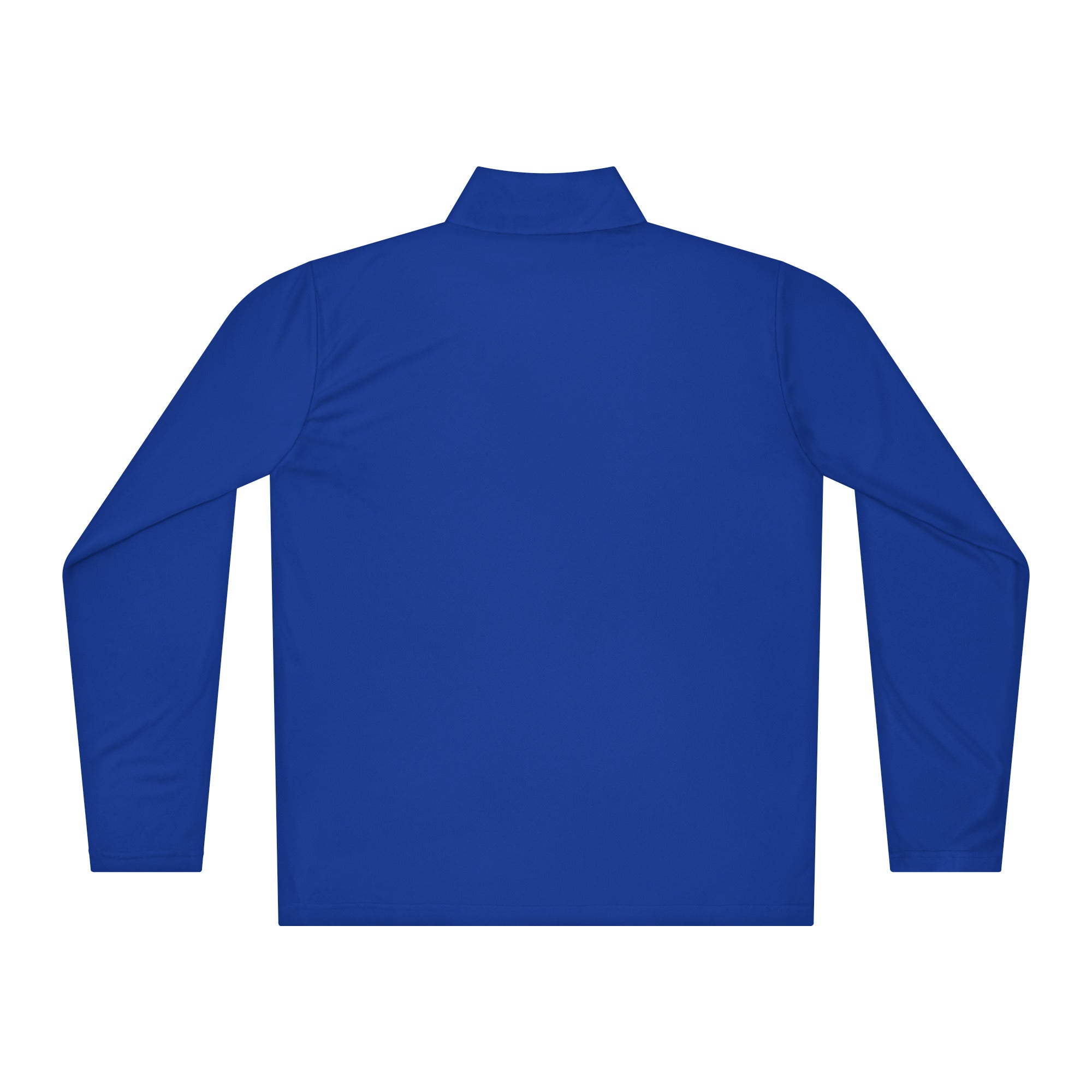 Back of SUCCESS WIRE Royal Blue quarter zip pullover on a white background