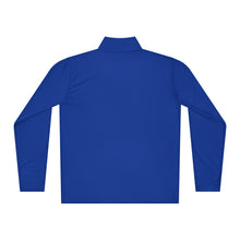 Load image into Gallery viewer, Back of SUCCESS WIRE Royal Blue quarter zip pullover on a white background
