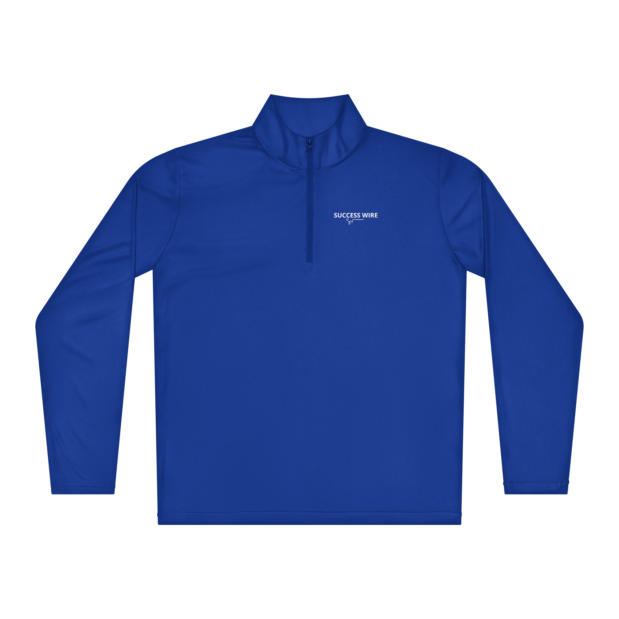 SUCCESS WIRE Royal blue quarter zip pullover with SUCCESS WIRE logo on a white background
