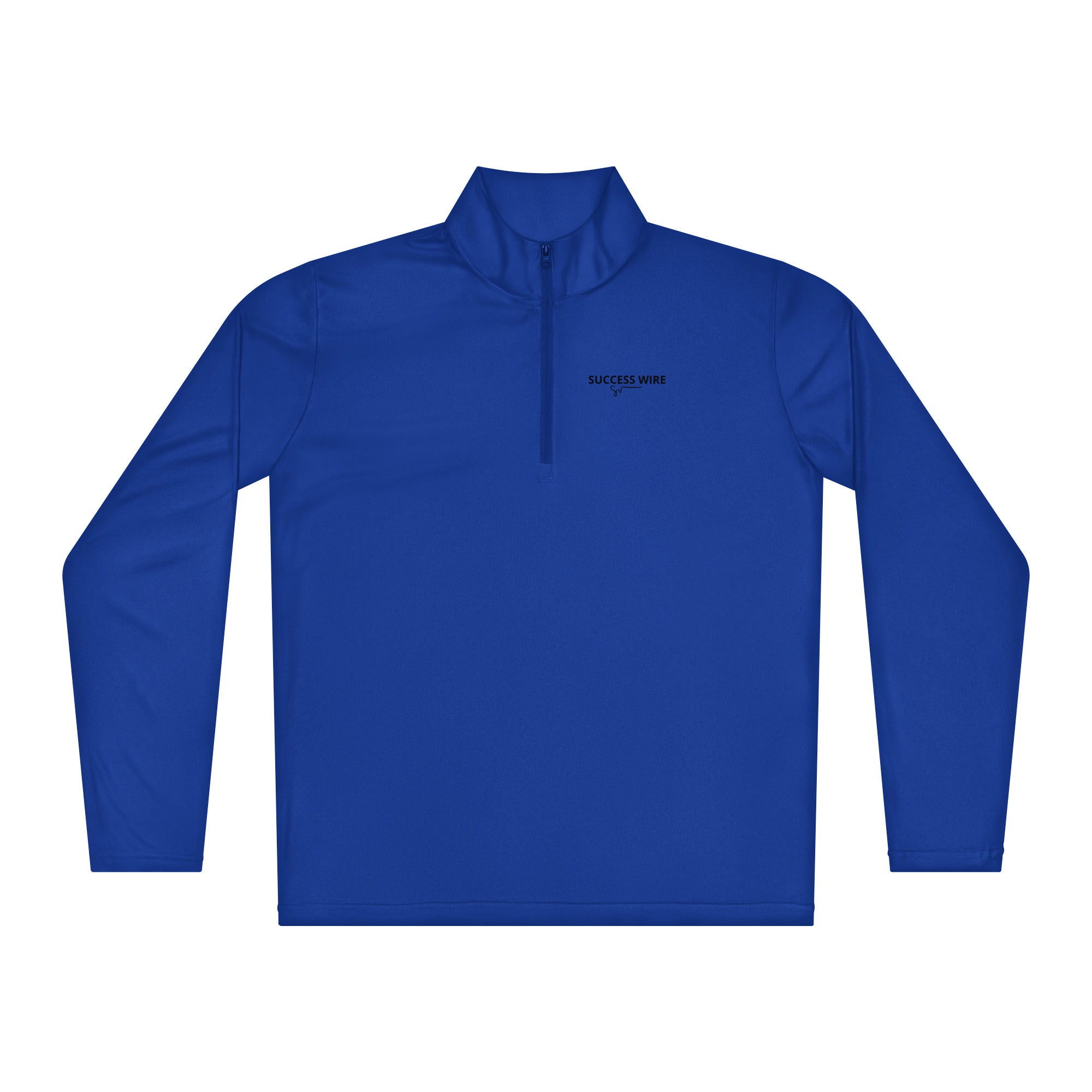 SUCCESS WIRE Royal Blue quarter zip pullover with SUCCESS WIRE logo on a white background
