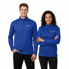 Load image into Gallery viewer, Two people wearing blue quarter zip pullovers with a SUCCESS WIRE logo on a white background

