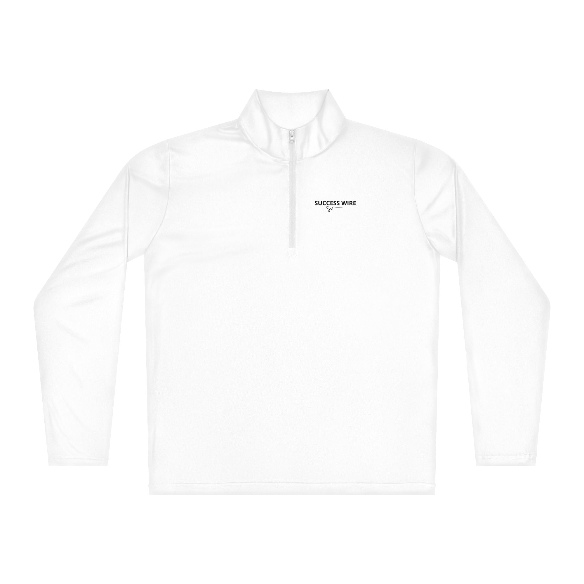 SUCCESS WIRE White quarter zip pullover with SUCCESS WIRE logo on a light gray background
