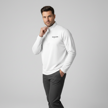 Load image into Gallery viewer, Man wearing a SUCCESS WIRE white quarter zip pullover with SUCCESS WIRE logo on a gray background

