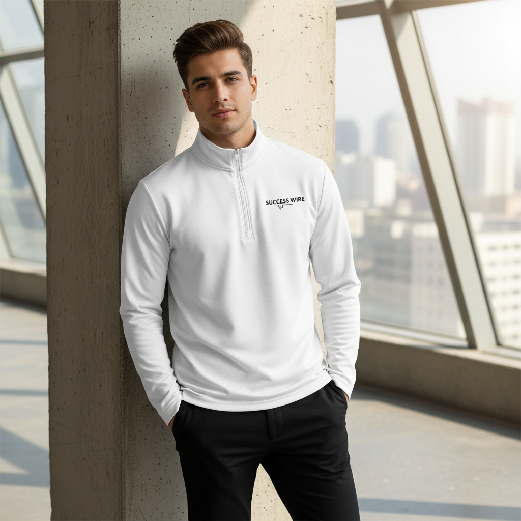 Man wearing a SUCCESS WIRE white quarter zip pullover with SUCCESS WIRE logo, standing indoors near large windows.