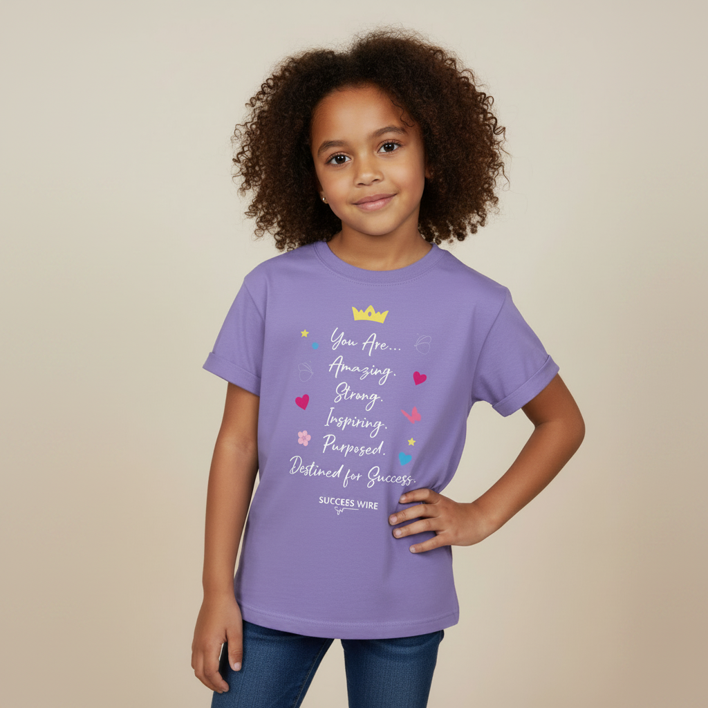 young girl wearing violet SUCCESS WIRE Empowerment t-shirt