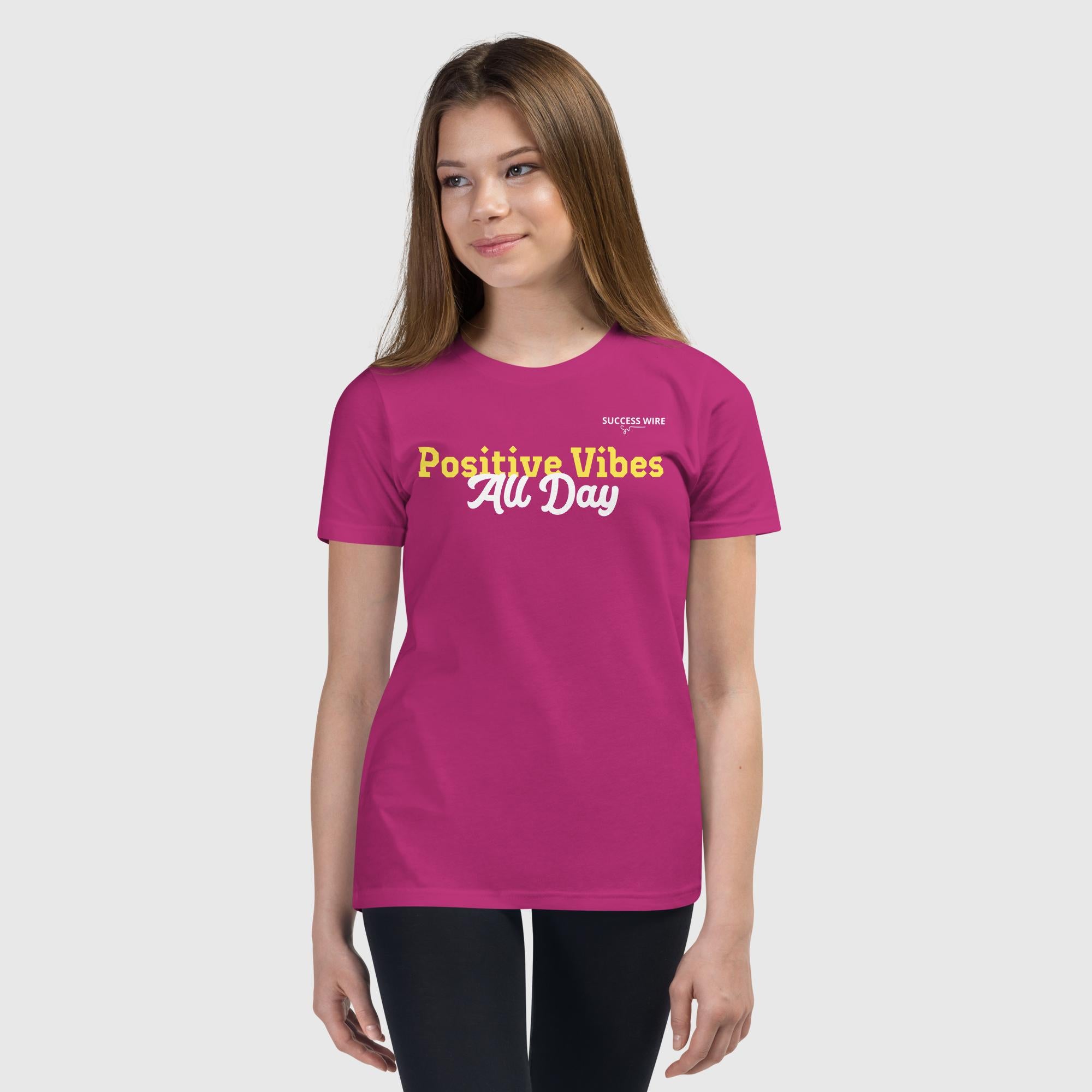SUCCESS WIRE "Positive Vibes All Day" Short Sleeve T-Shirt for Big & Little Girls (10 Color Variants) (S-XL)