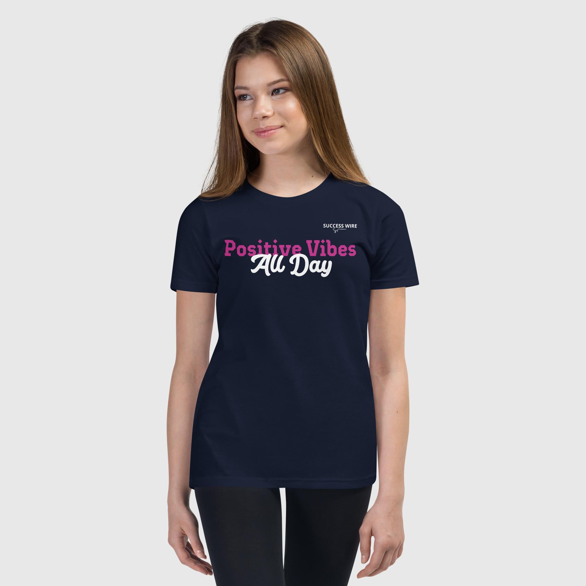 SUCCESS WIRE "Positive Vibes All Day" Short Sleeve T-Shirt for Big & Little Girls (5 Color Variants) (S-XL)