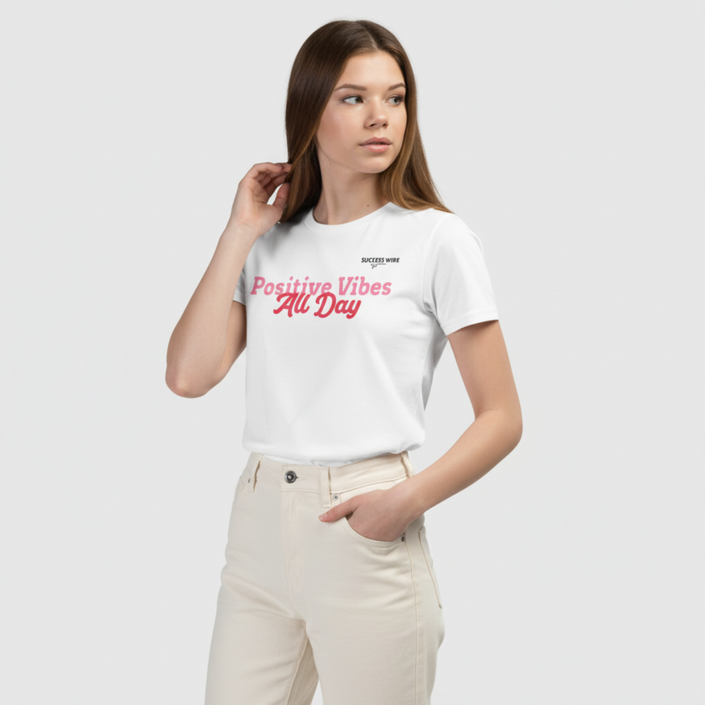 Girl wearing a white t-shirt with 'Positive Vibes All Day' text on a plain background